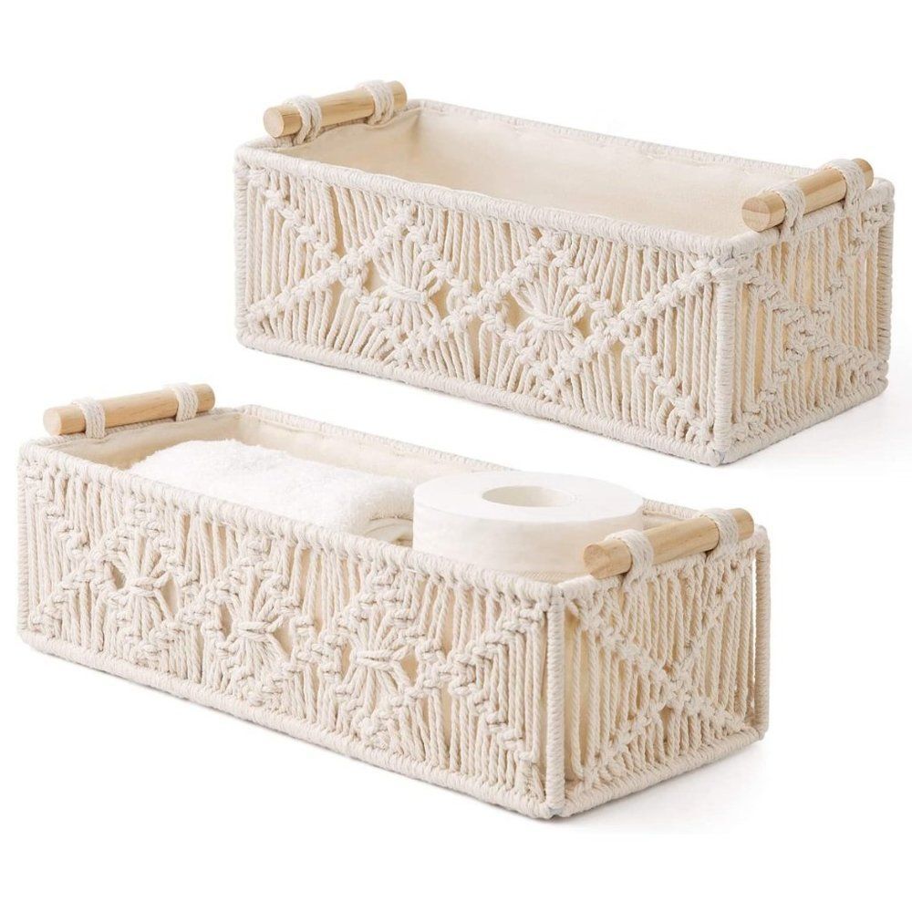 Macrame Storage Baskets Boho Decor Set of 2, Ivory